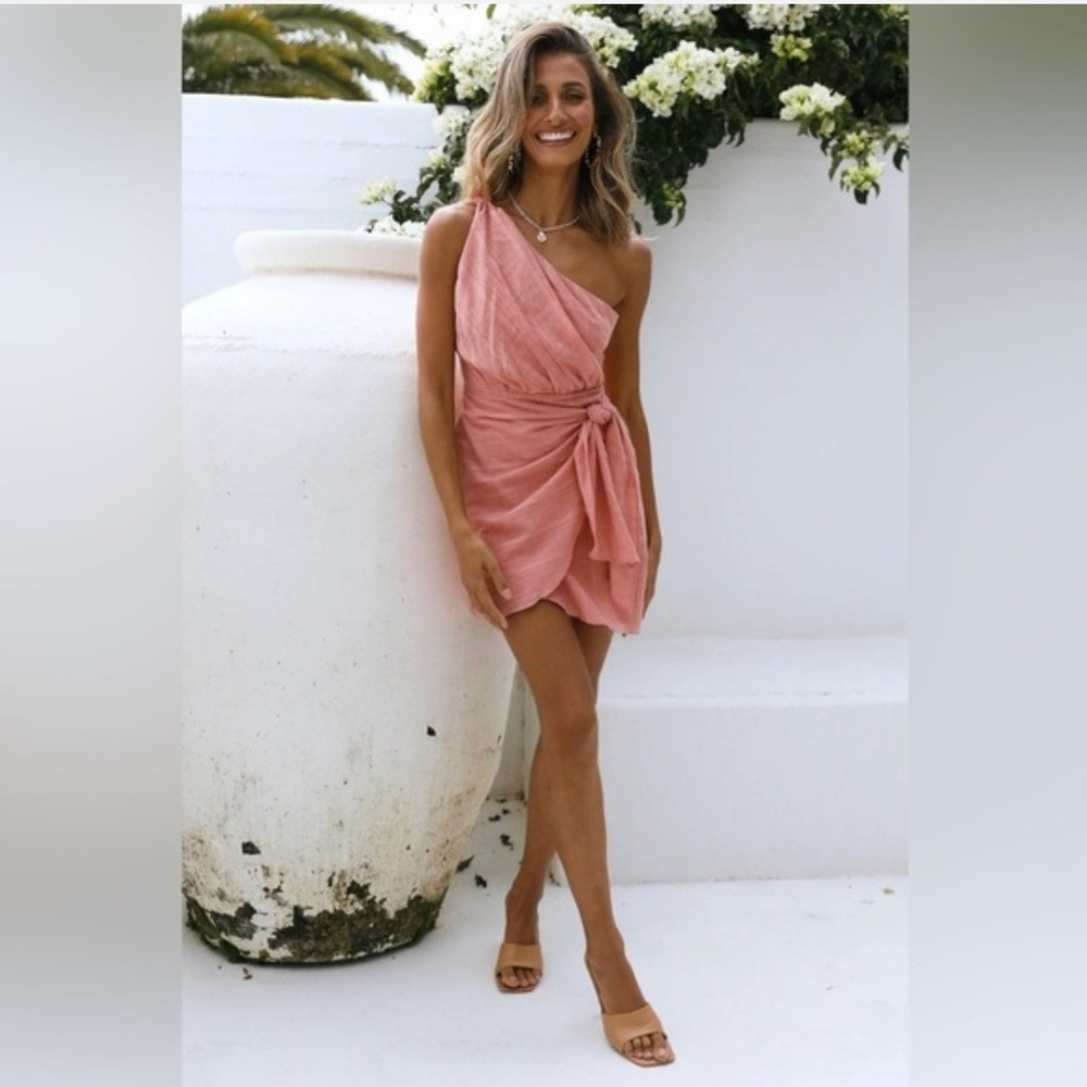 Hello Molly One Shoulder Cotton Mini Dress Pink Peach‎ Side Tie Wrap Size S 4